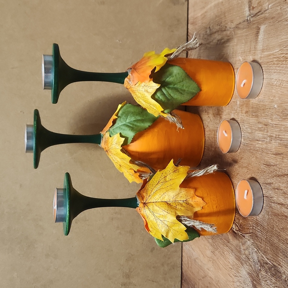 Hand Crafted Pumpkin Wine Glass Candle Holder Set of 3